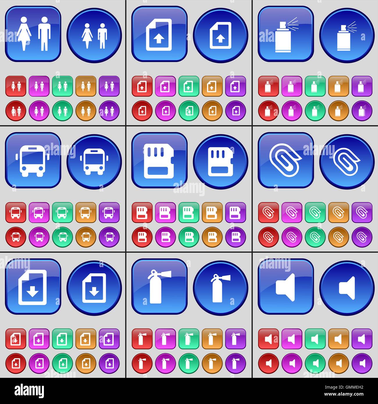 Silhouette, fichier, gerbe, Bus, carte SIM, Clip, extincteur, Son. Un grand ensemble de boutons multicolores. Vector Illustration de Vecteur