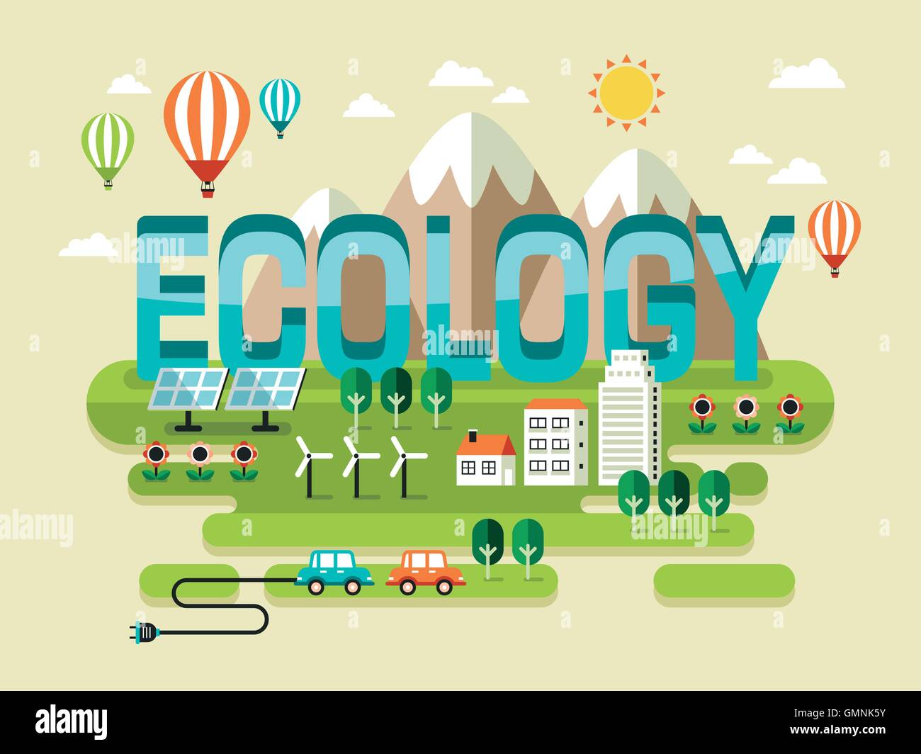 Ecology concept design, beaux paysages de style plat Illustration de Vecteur