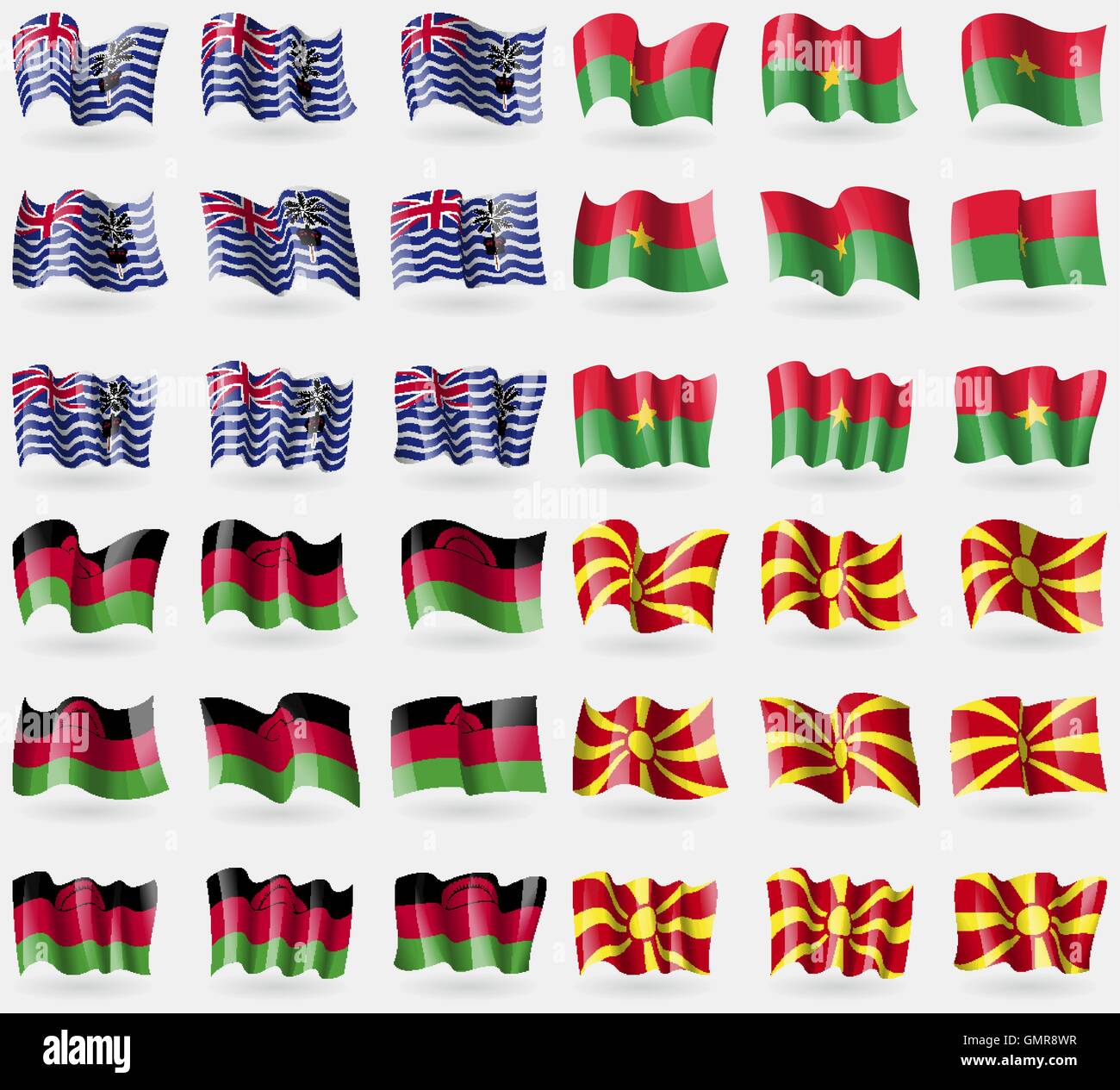 Territoire britannique de l'Océan Indien, Burkia Faso, au Malawi, en Macédoine. Ensemble de 36 drapeaux des pays du monde. Vector Illustration de Vecteur
