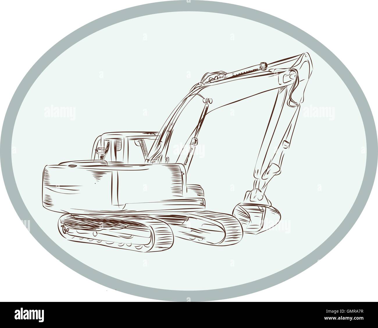 Mechanical Digger Excavator gravure Ovale Illustration de Vecteur