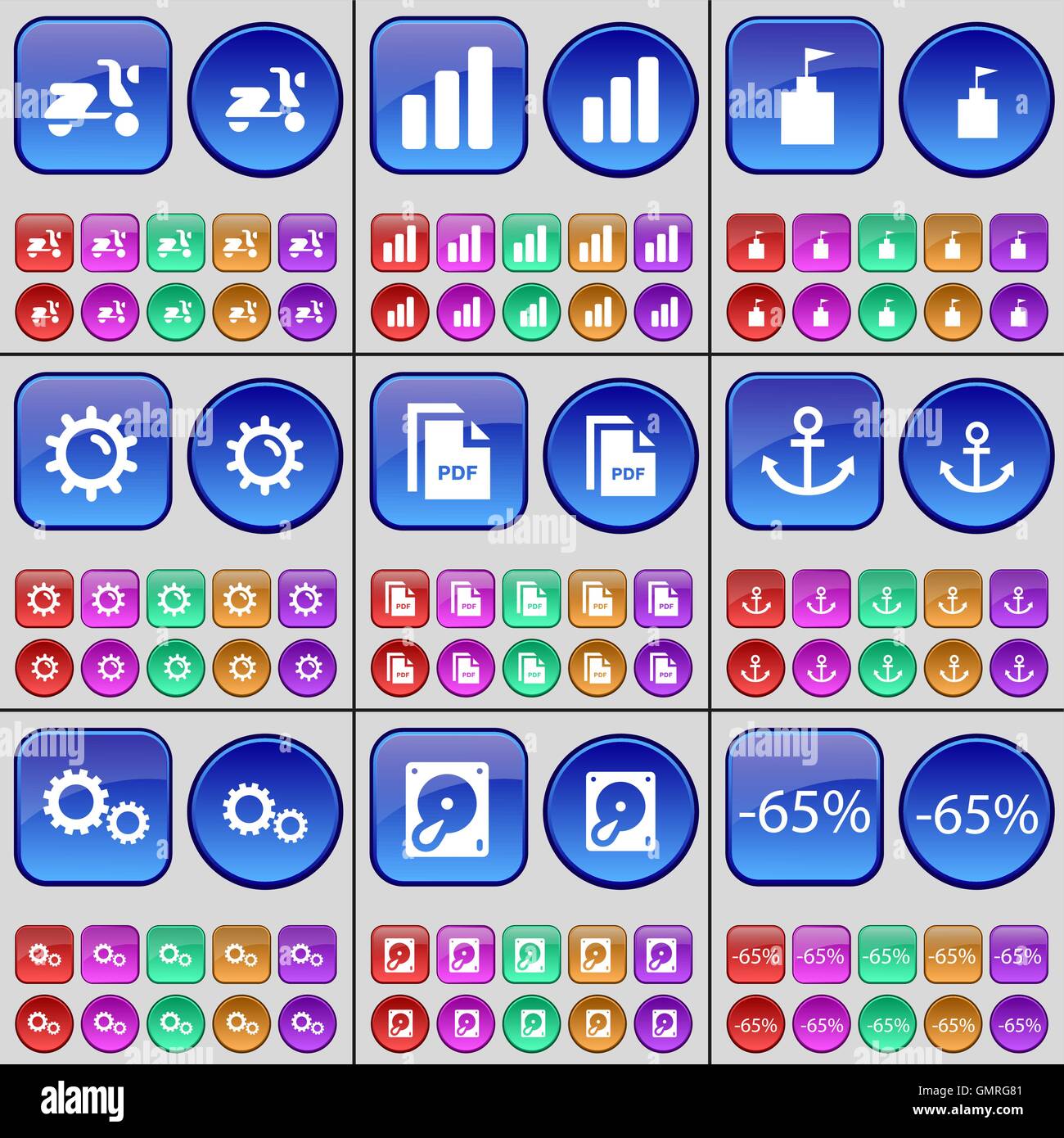 Scooter, diagramme, la tour du drapeau, engins, disque dur, commode. Un grand ensemble de boutons multicolores. Vector Illustration de Vecteur