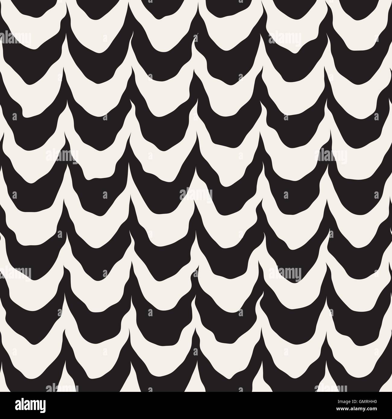 Seamless Vector arrondi noir et blanc peint à la main rugueuse motif de lignes courbes Illustration de Vecteur