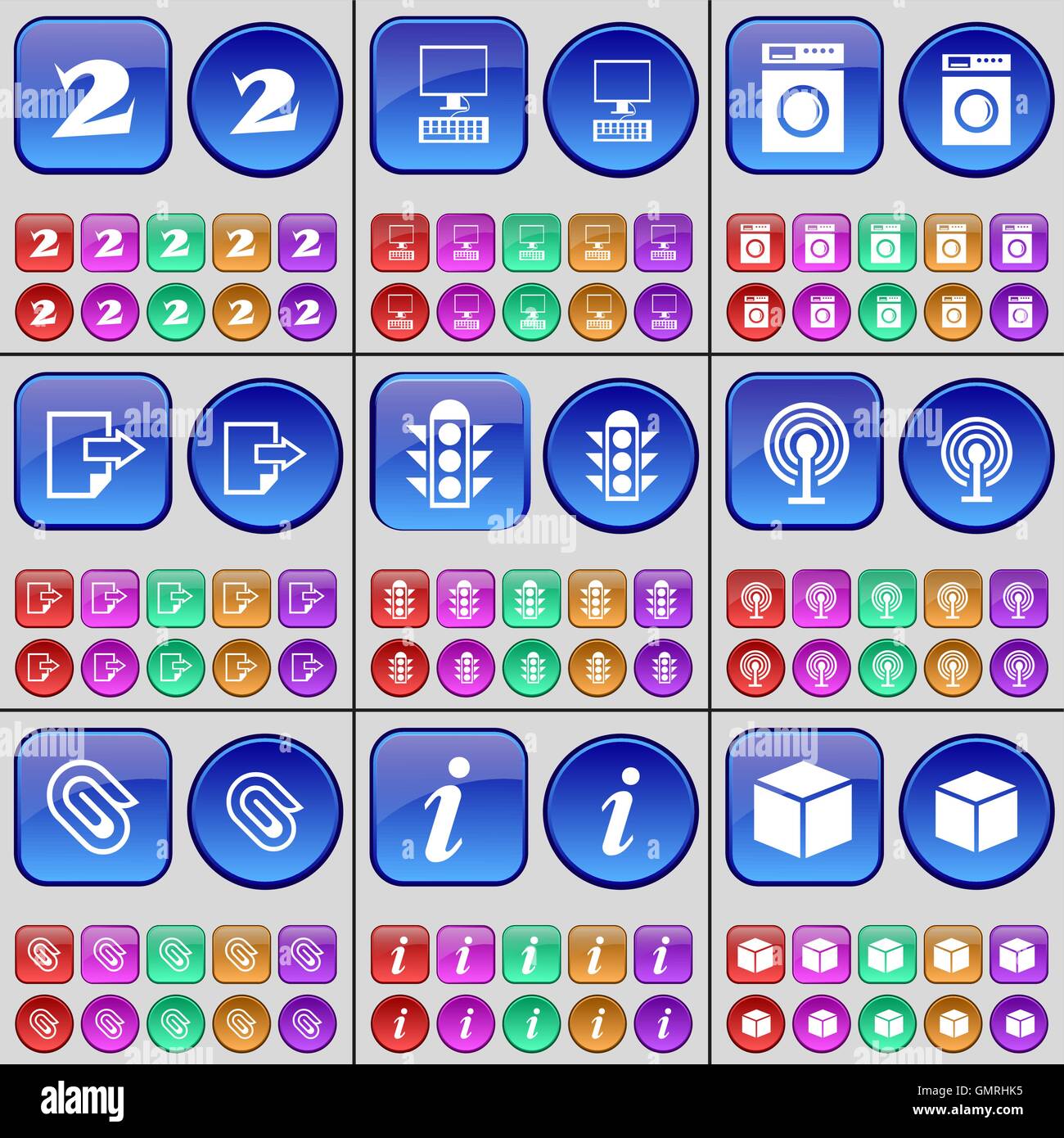 Deux, l'écran, lave-linge, fichier, feux de circulation, d'avertissement, Clip, de l'information, fort. Un grand ensemble de boutons multicolores. Vect Illustration de Vecteur