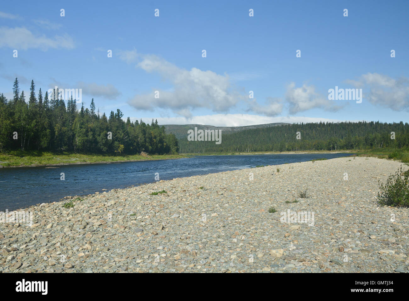 River dans le Nord de la taïga de la montagne de l'Oural. Site du patrimoine mondial de l'Forêts vierges de Komi. Banque D'Images