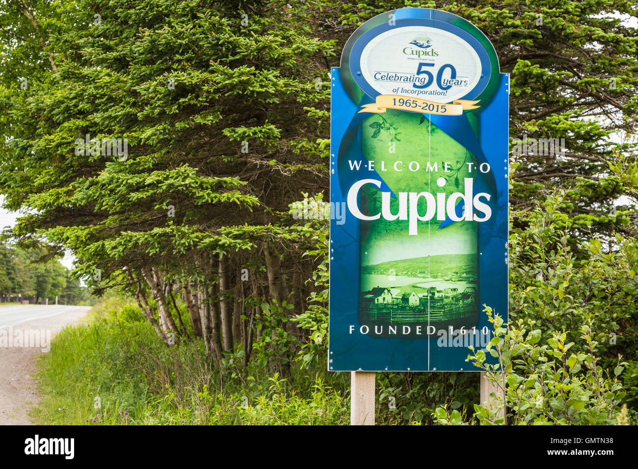 Le village panneau de bienvenue à Cupids, Terre-Neuve et Labrador, Canada. Banque D'Images