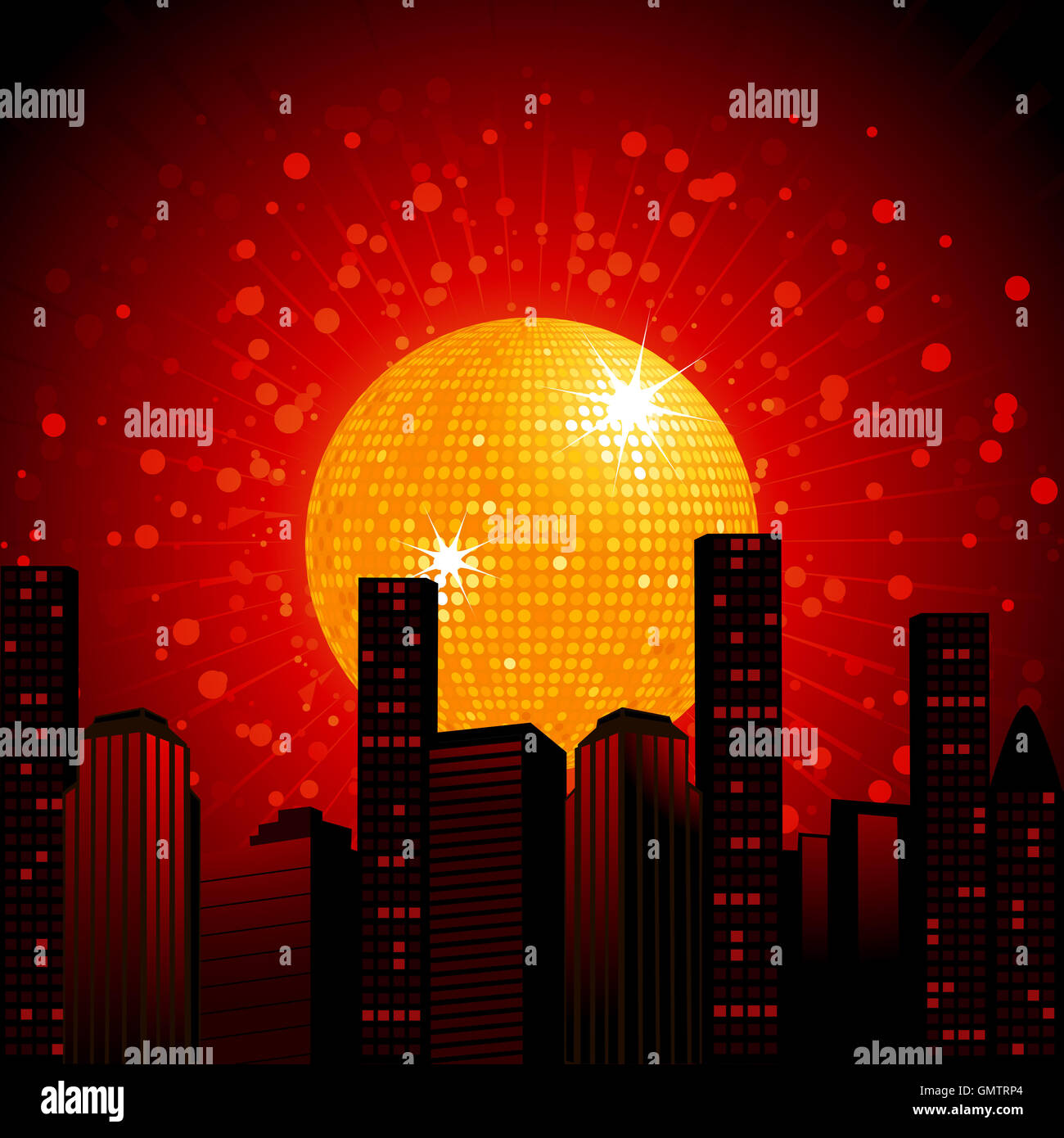 3D'or boule disco sur fond rouge foncé Abstract Cityscape Banque D'Images