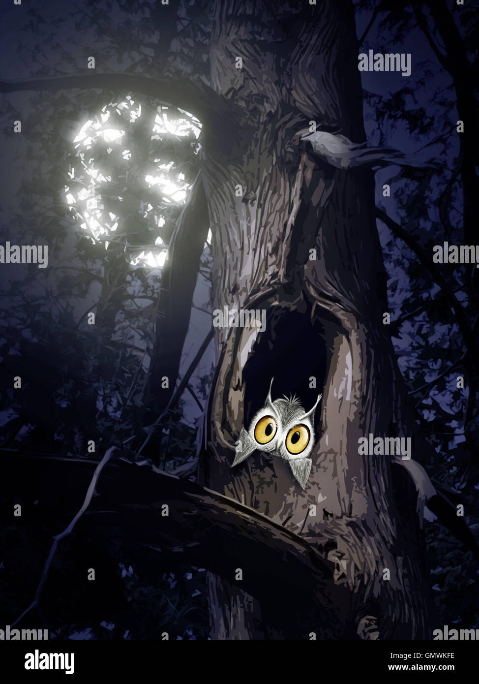 Mignon Bebe Hibou D Un Trou D Arbre Dans La Nuit A La Pleine Lune Illustration Artistique Photo Stock Alamy