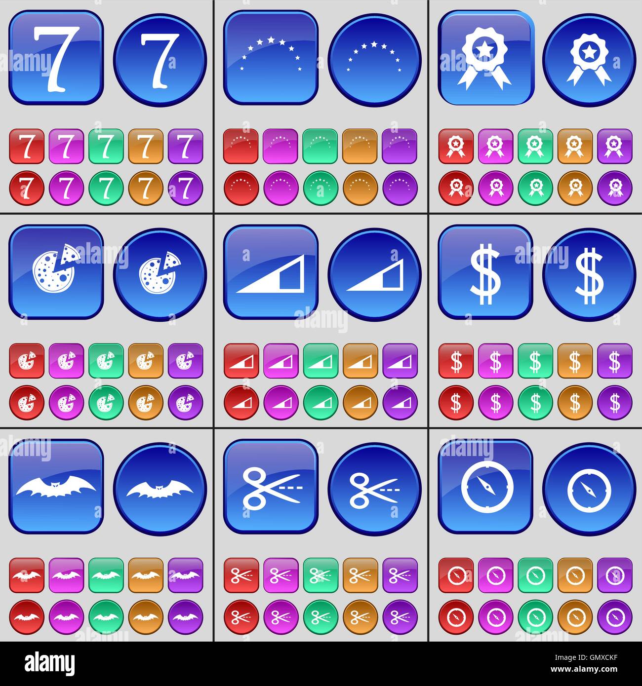 Sept, Star, médaille, Pizza, Volume, Dollar, bat, ciseaux, compas. Un grand ensemble de boutons multicolores. Vector Illustration de Vecteur