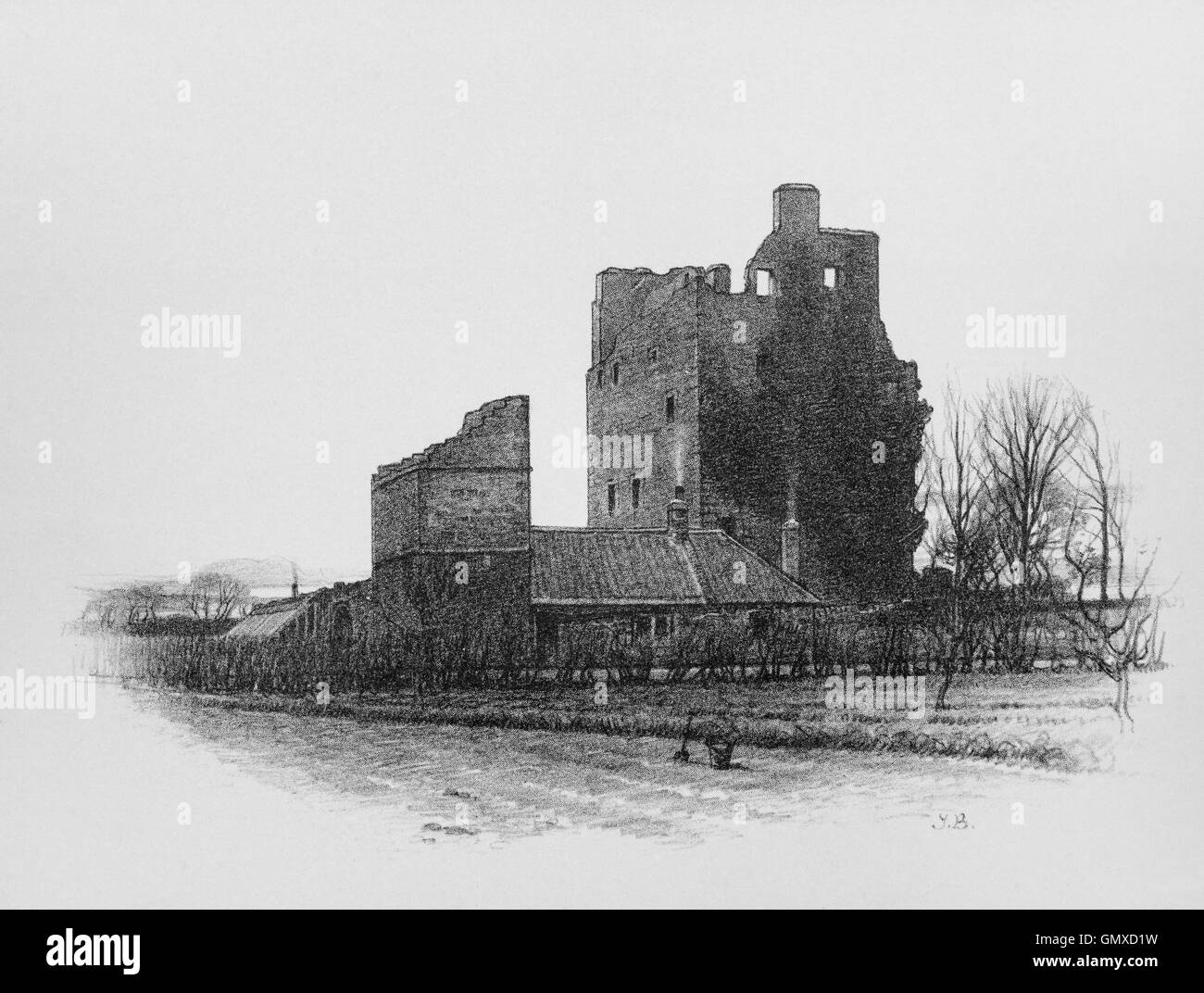 Jonson château, une tour en ruine chambre château, la première version de l'église semble avoir été une institution religieuse, probablement un hospice pour les pèlerins et les voyageurs. Longniddry, East Lothian, en Ecosse. (À partir de la 'Sketchs en East Lothian' par Thomas B. Blacklock...1892) Banque D'Images