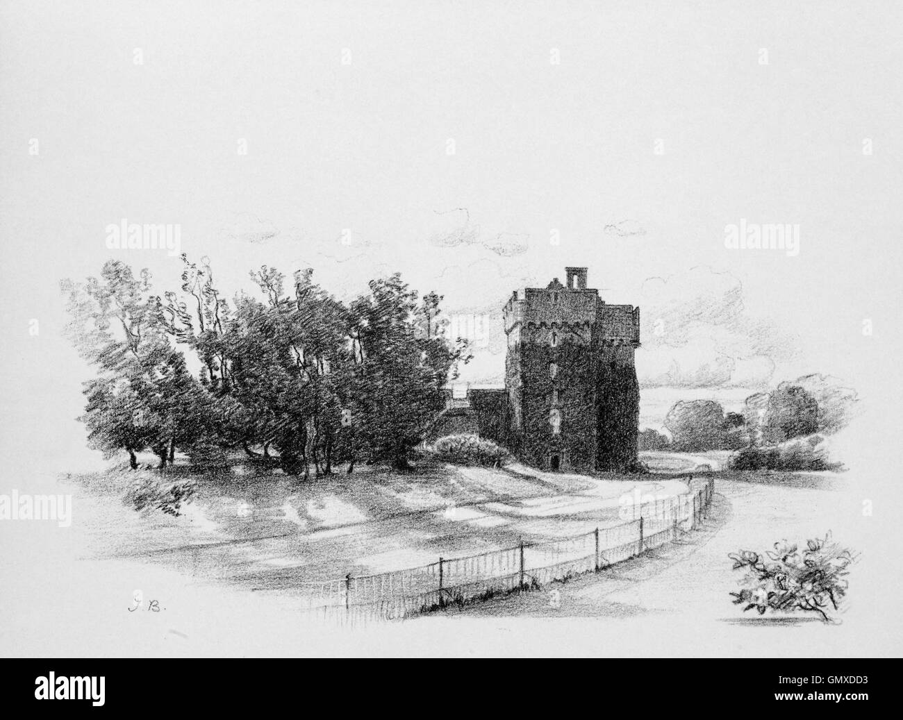 Whittingehame, tour ou château, est une maison-tour du xve siècle environ 2,5 miles (4,0 km) au sud d'East Linton, sur la rive ouest de l'eau dans Whittinghame, East Lothian en Écosse. (À partir de la 'Sketchs en East Lothian' par Thomas B. Blacklock...1892) Banque D'Images