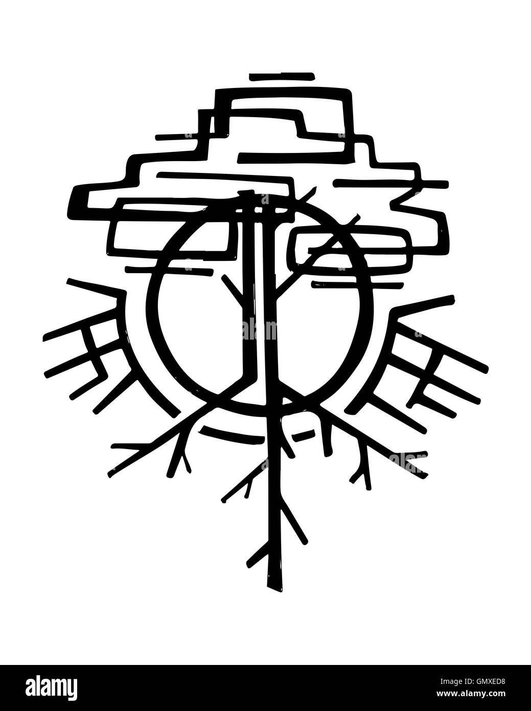 Illustration à la main ou d'un dessin d'un arbre symbolique abstrait Banque D'Images