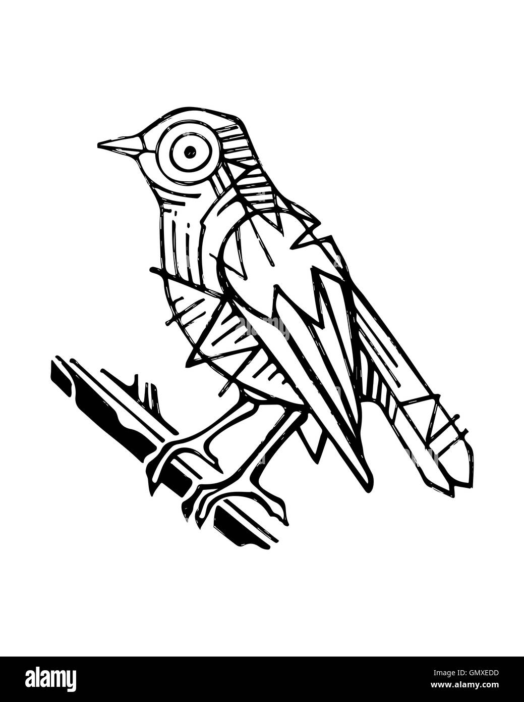 Illustration à la main ou d'un dessin géométrique d'un oiseau sur une branche d'arbre Banque D'Images Illustration à la main ou d'un dessin géométrique d'un oiseau sur une branche d'arbre Banque D'Images