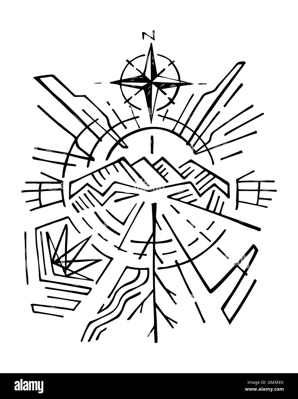 Illustration à la main ou d'un dessin d'une montagne et d'autres symboles de la nature et de l'exploration Banque D'Images