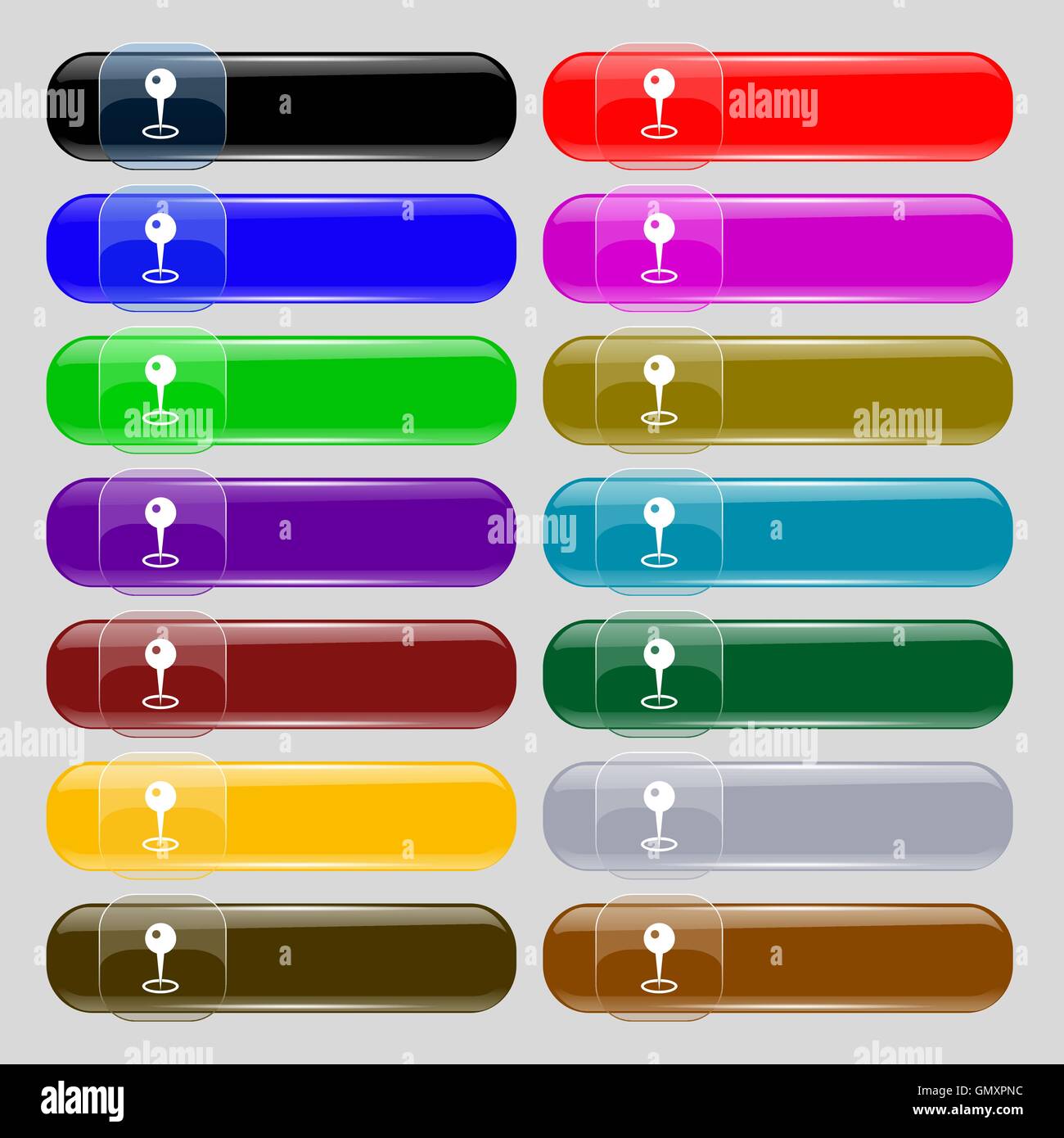 L'icône du pointeur de carte signe. Set de 14 boutons en verre multicolore avec place pour le texte. Vector Illustration de Vecteur