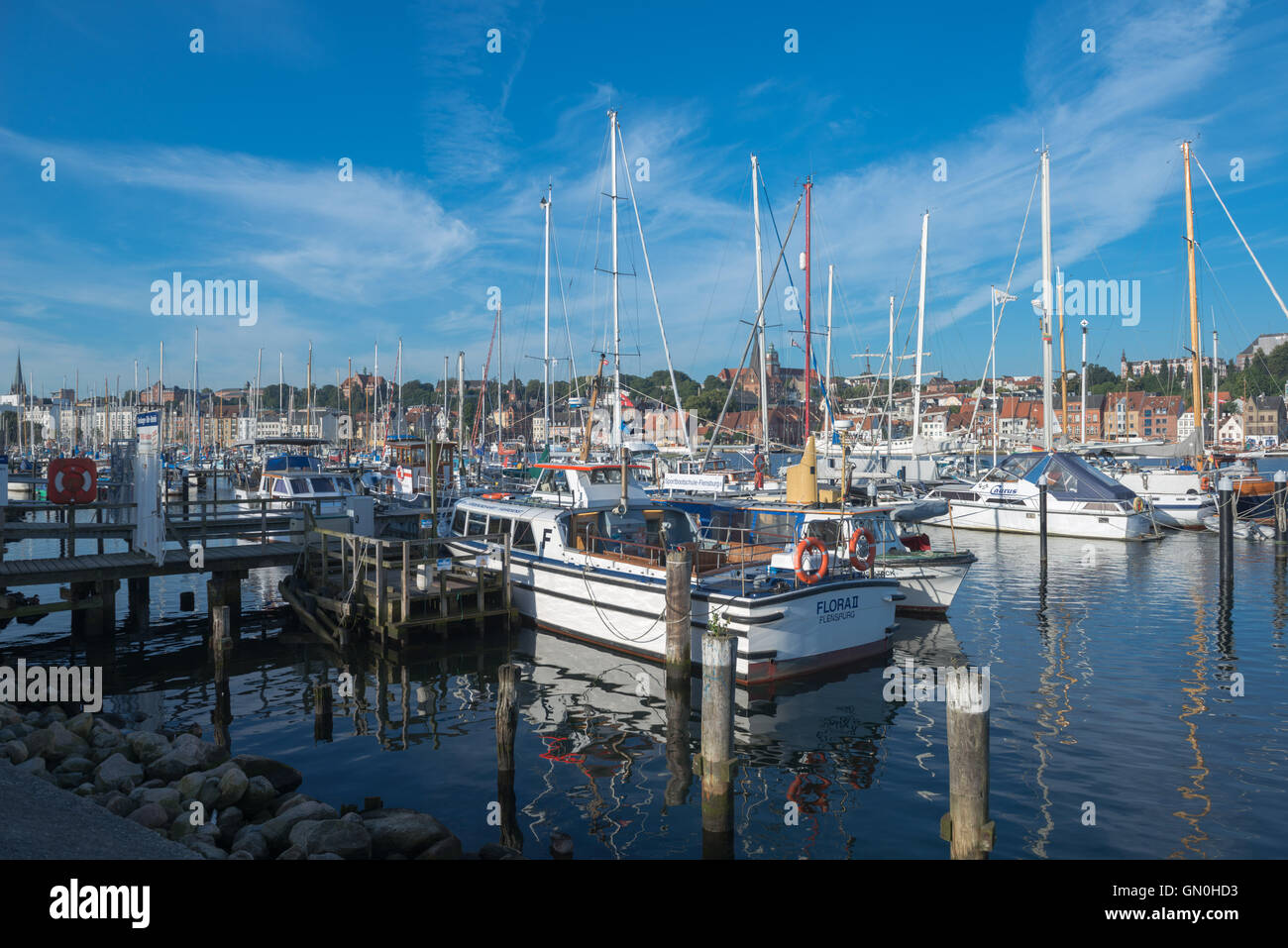 Port de Flensburg, à la fin de Flensburg, ville frontière au Danemark, la mer Baltique, Schleswig-Holstein, Allemagne, Banque D'Images