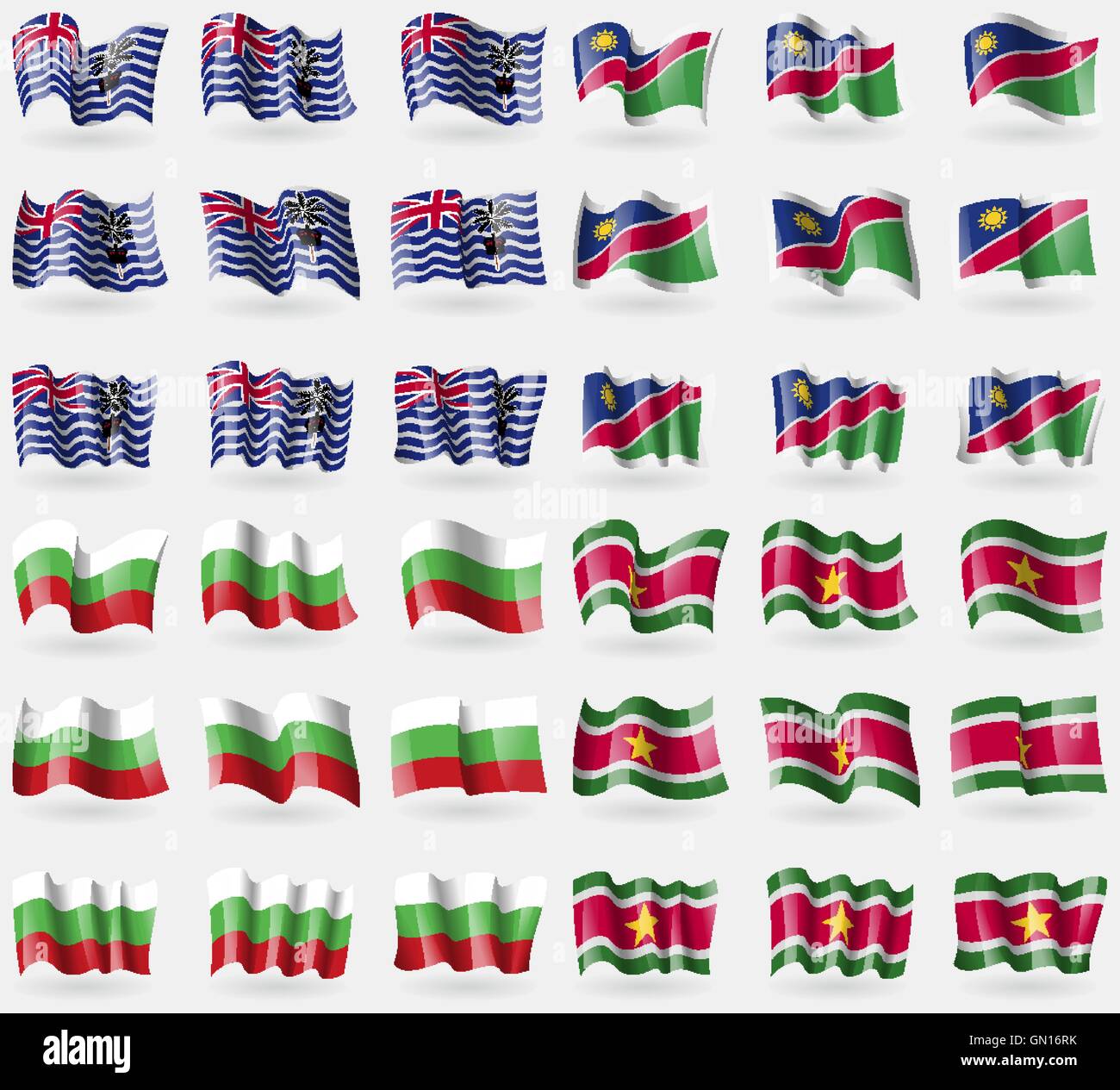 Territoire britannique de l'Océan Indien, la Namibie, la Bulgarie, l'Suridame. Ensemble de 36 drapeaux des pays du monde. Vector Illustration de Vecteur