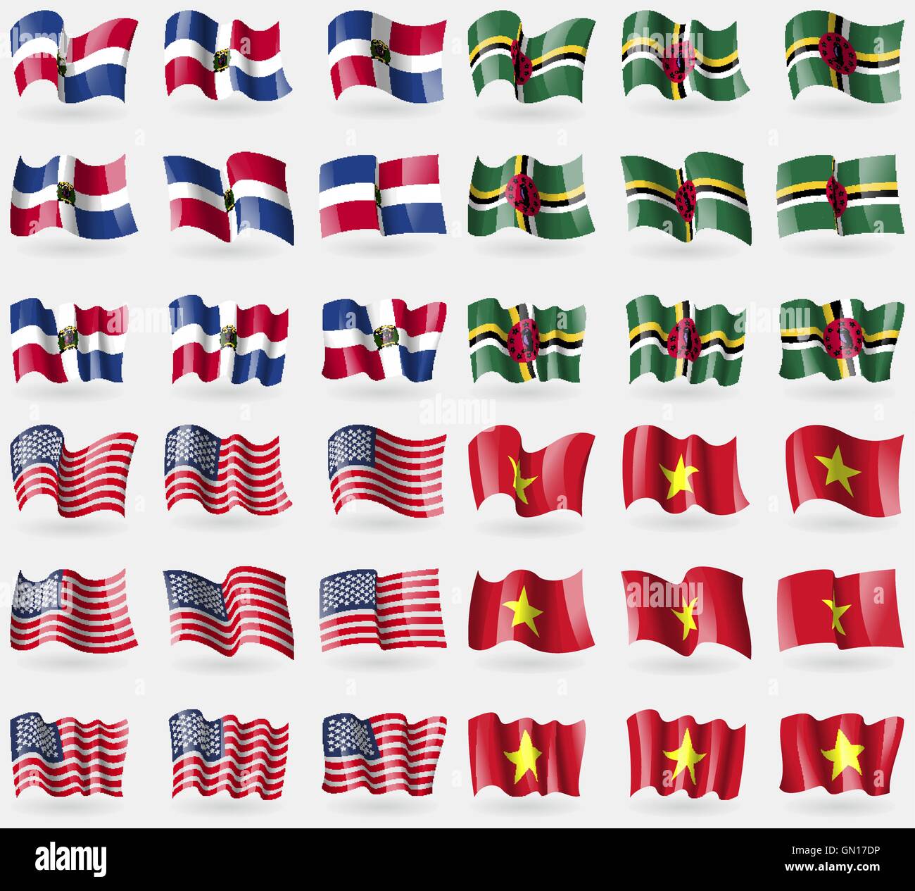 République dominicaine, la Dominique, USA, Vietnam. Ensemble de 36 drapeaux des pays du monde. Vector Illustration de Vecteur