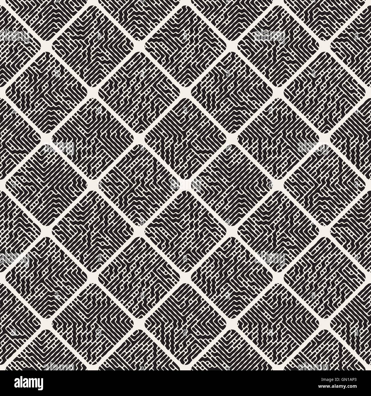 Seamless Vector noir et blanc losange arrondi Fillesd chaussée avec motif de lignes de labyrinthe Illustration de Vecteur