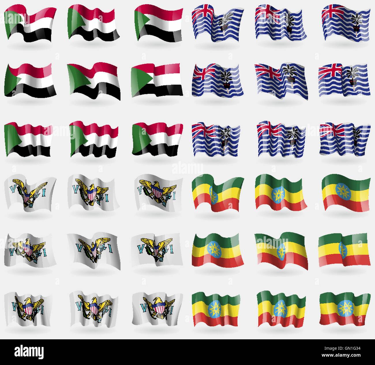 Soudan, Territoire britannique de l'Océan Indien, VirginIslandsUS, Éthiopie. Ensemble de 36 drapeaux des pays du monde. Vector Illustration de Vecteur