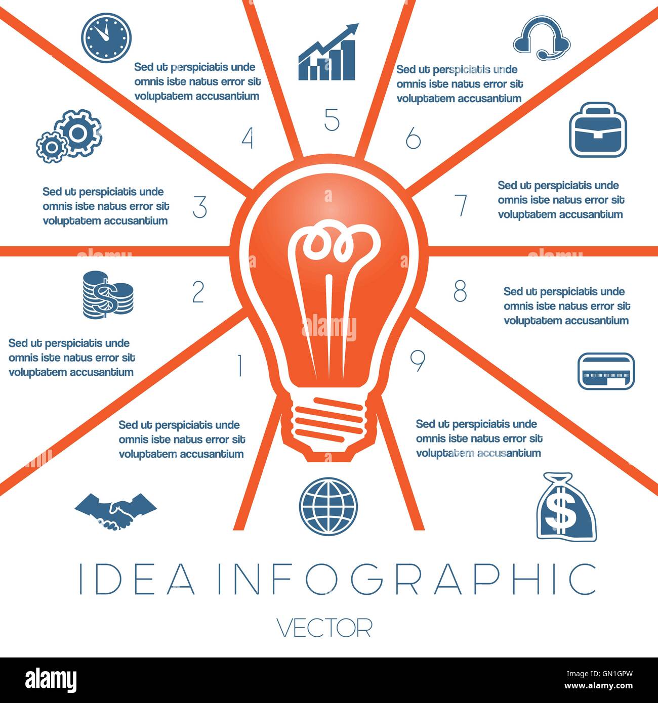 Modèle d'infographies ampoule sur 10 positions possible d'utiliser pour le workflow, bannière, diagramme, web design, timeline Illustration de Vecteur