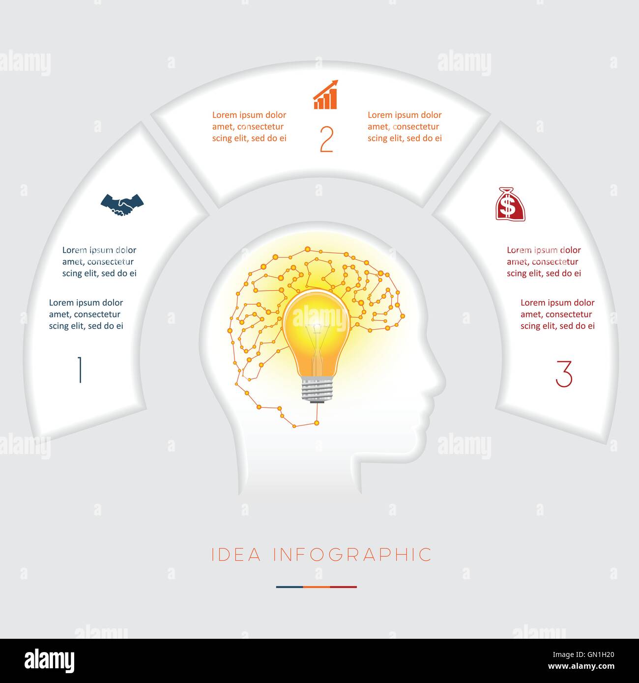 Tête, lightbulb, cerveau, idée conceptuel modèle vecteur infographies trois positions pour la zone de texte, possible d'utiliser le workflow pour Illustration de Vecteur