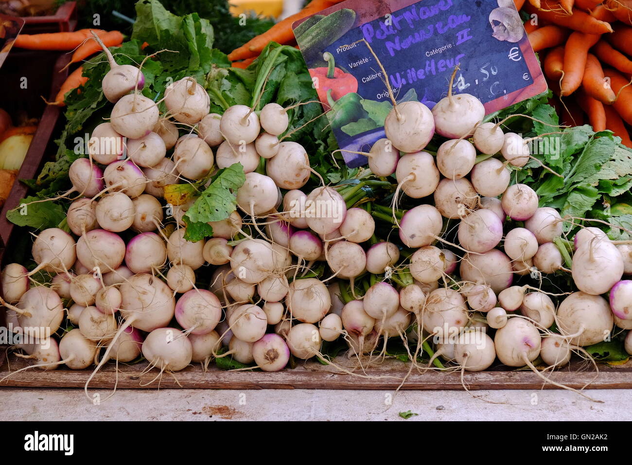 De grandes bottes de navets blancs locaux en vente au marché de Dieppe Banque D'Images