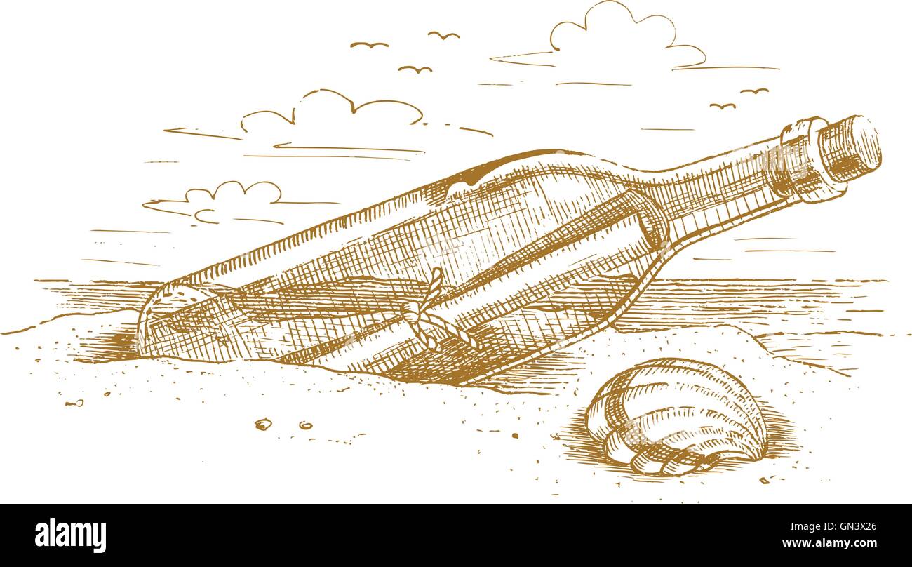 Bouteille marine avec un message dans le sable Illustration de Vecteur