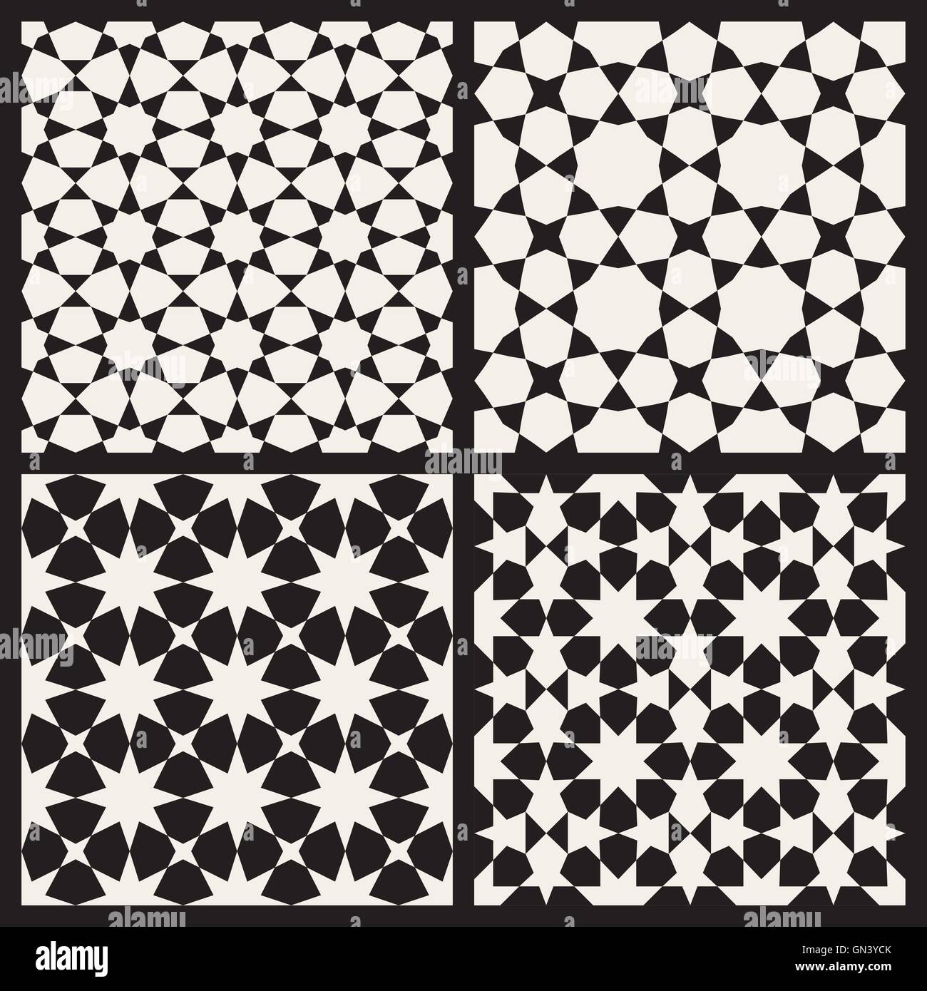 Ensemble de quatre Seamless Vector noir et blanc motif géométrique de tessellation Stars Islamique Illustration de Vecteur