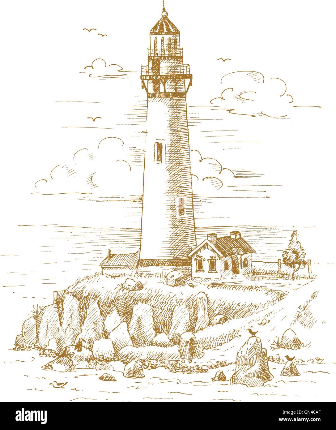 Plage mer océan Bateau phare sea bass pier bollard corde liée animaux oiseaux mouette siéger crève storm nature e Illustration de Vecteur