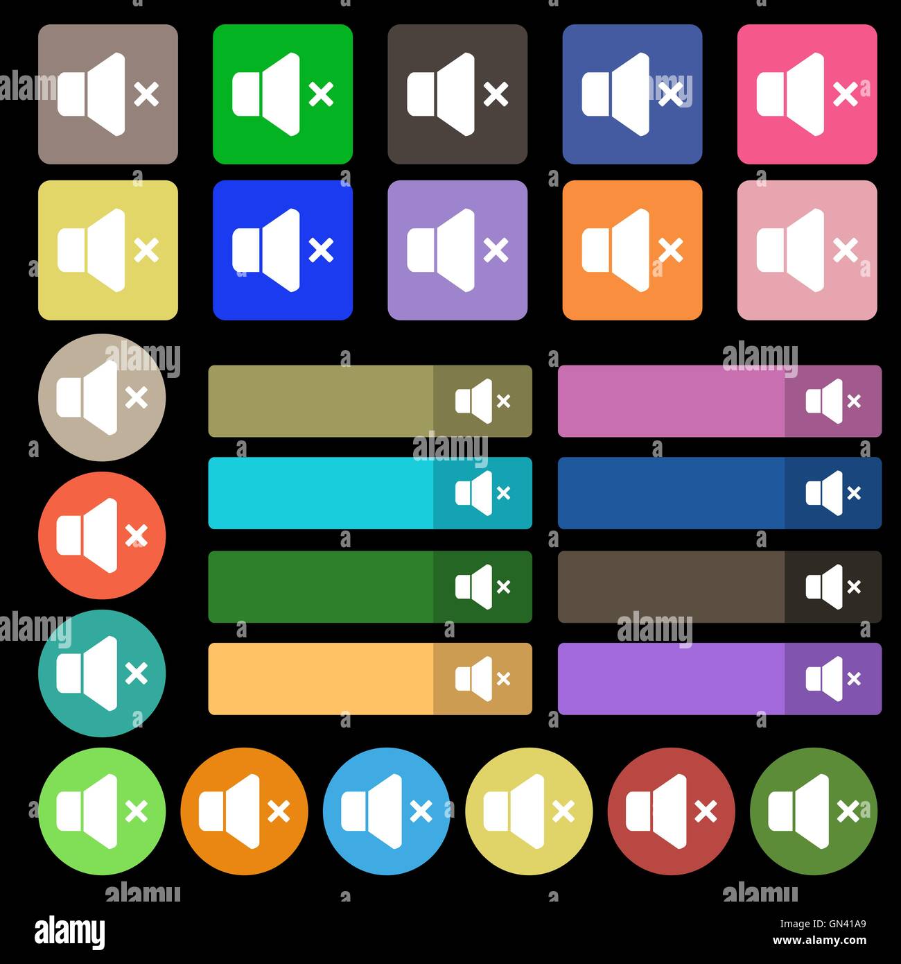 Pas de l'icône de volume signe. Set de vingt sept boutons plats multicolores. Vector Illustration de Vecteur