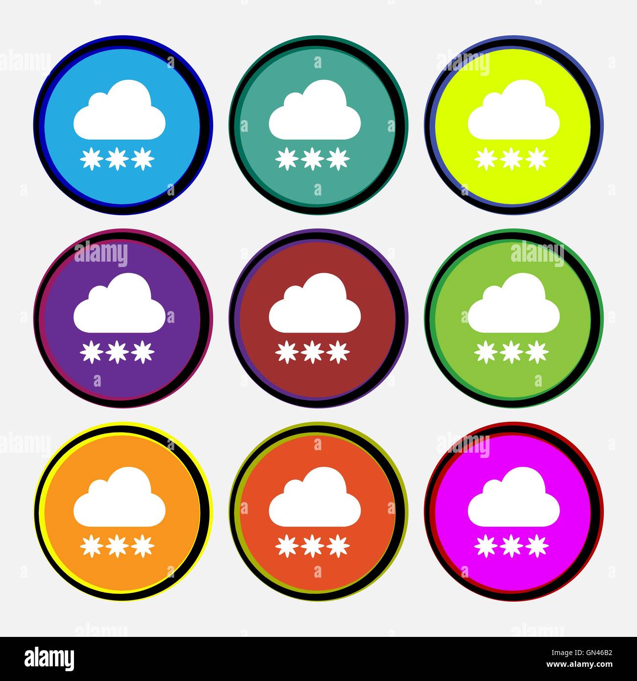 Icône nuage de neige signe. 9 boutons ronds multicolores. Vector Illustration de Vecteur