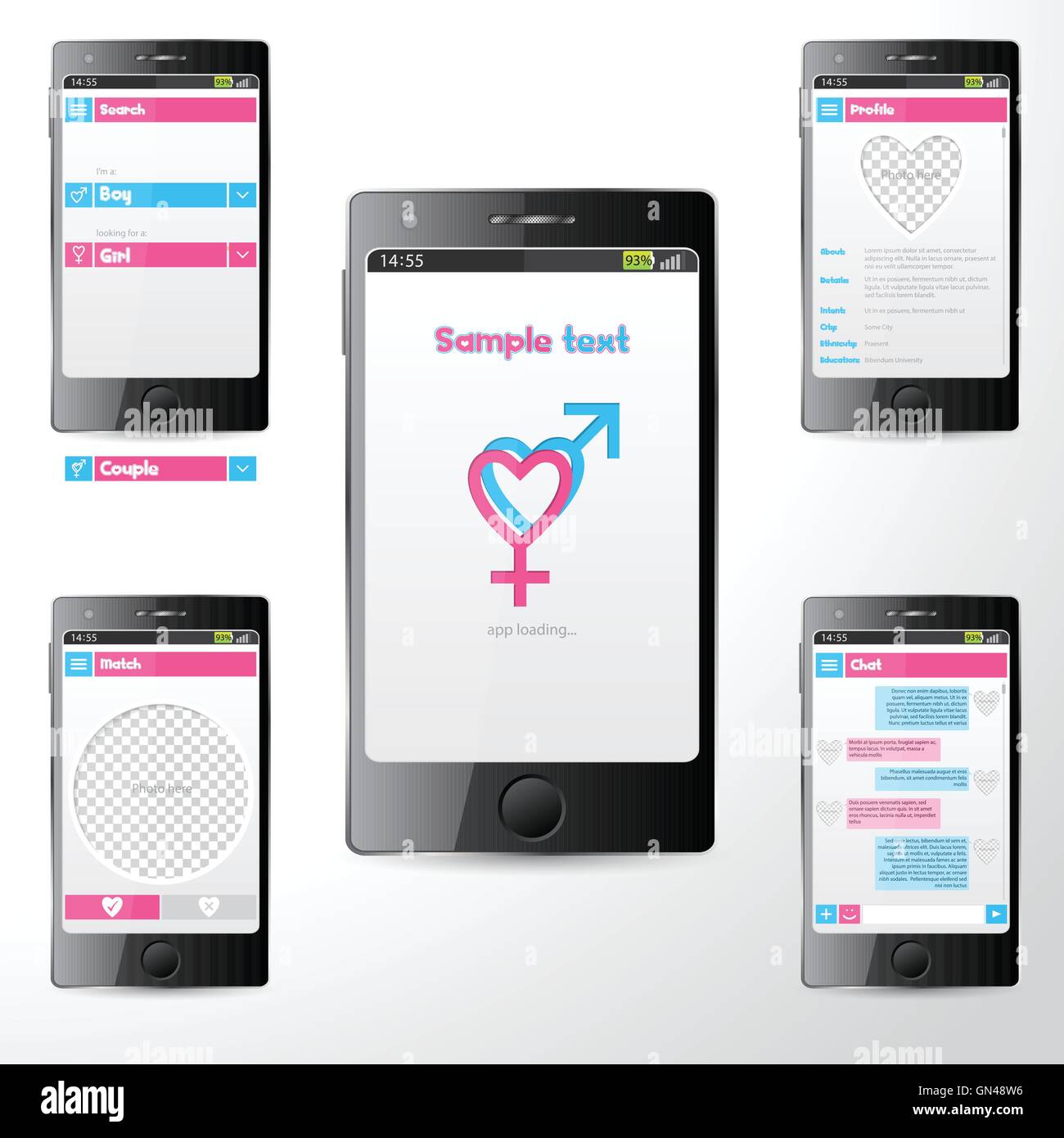 Interface utilisateur de l'application mobile dating simple Illustration de Vecteur