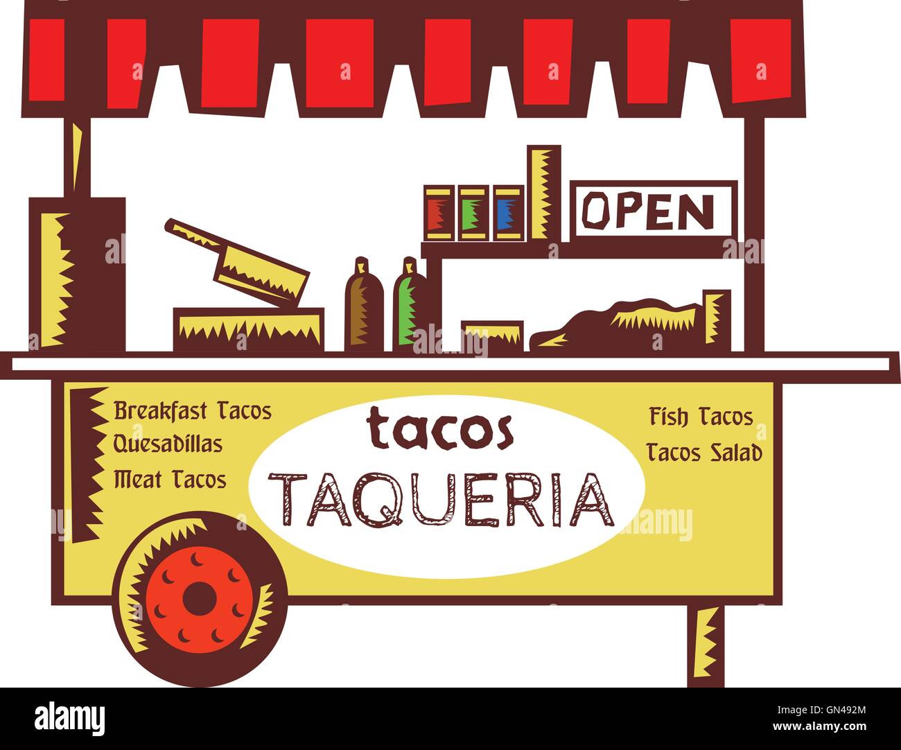 Taco Stand Stand Taqueria Woodcut Illustration de Vecteur