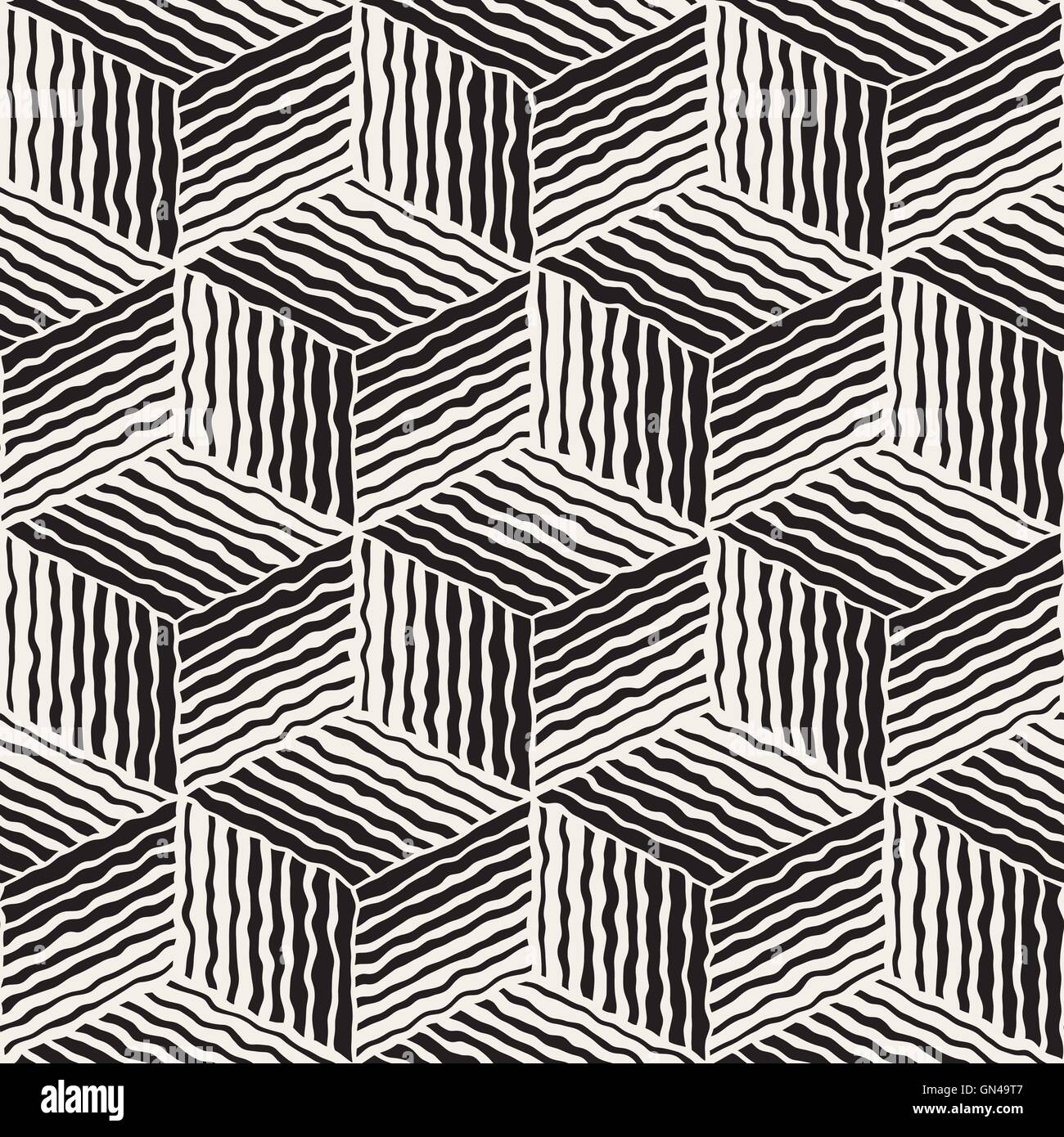 Seamless Vector noir et blanc peint à la main Modèle cube rayures géométriques en ligne Illustration de Vecteur