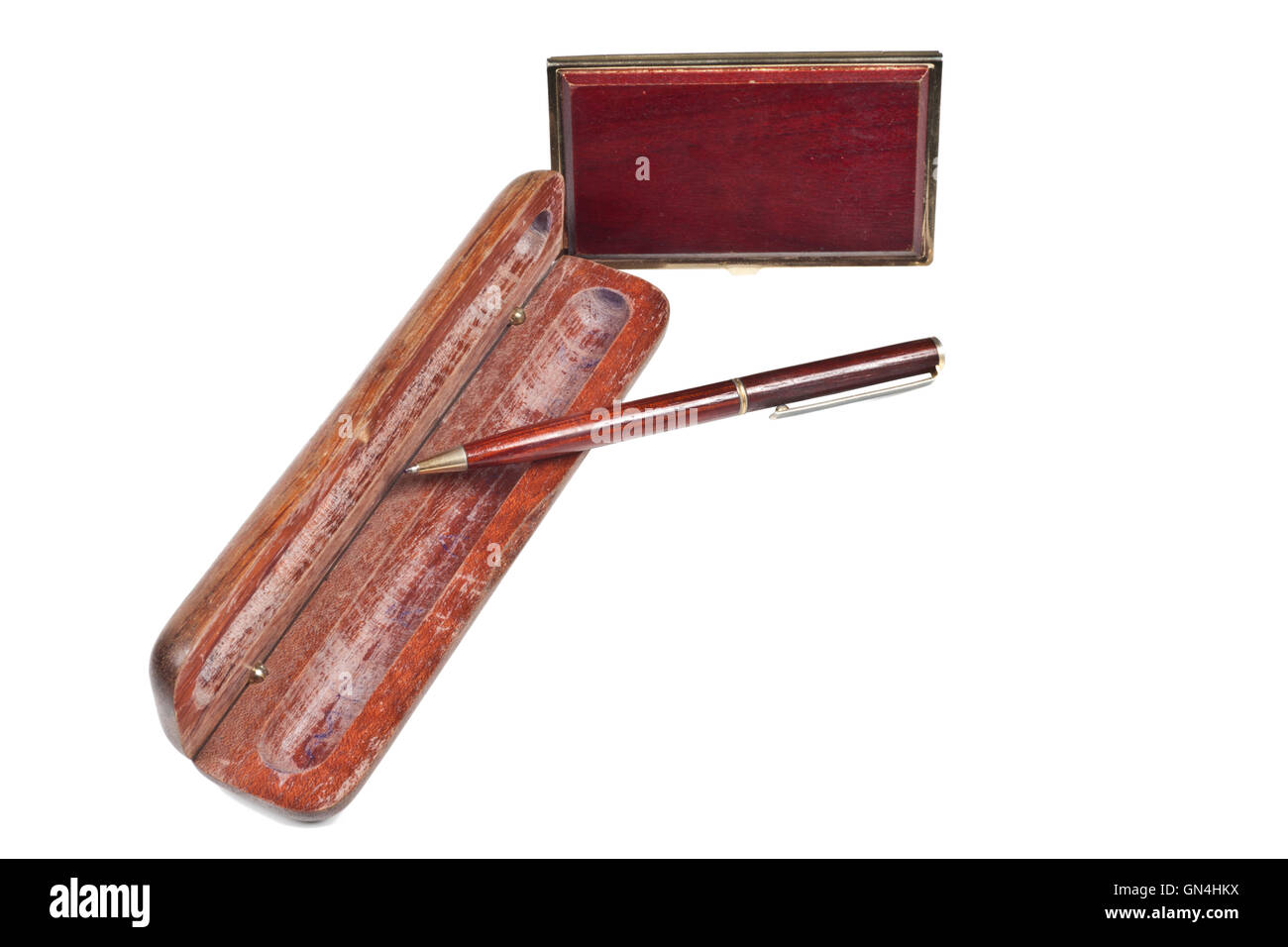 Stylo à bille d'acajou dans une caisse en bois ouvert Banque D'Images