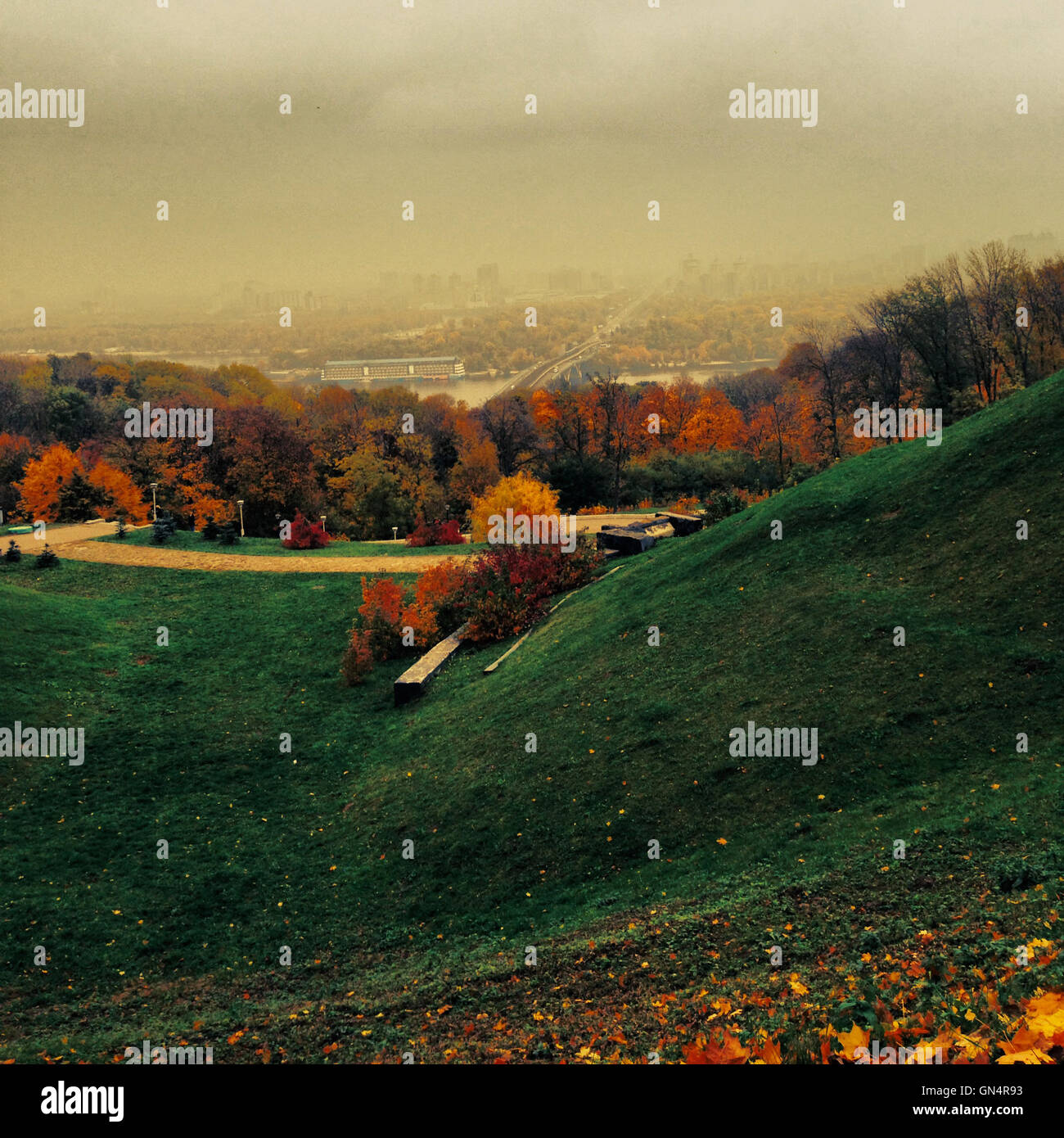Brumeux de l'automne paysage de ville ou sur le parc. Banque D'Images
