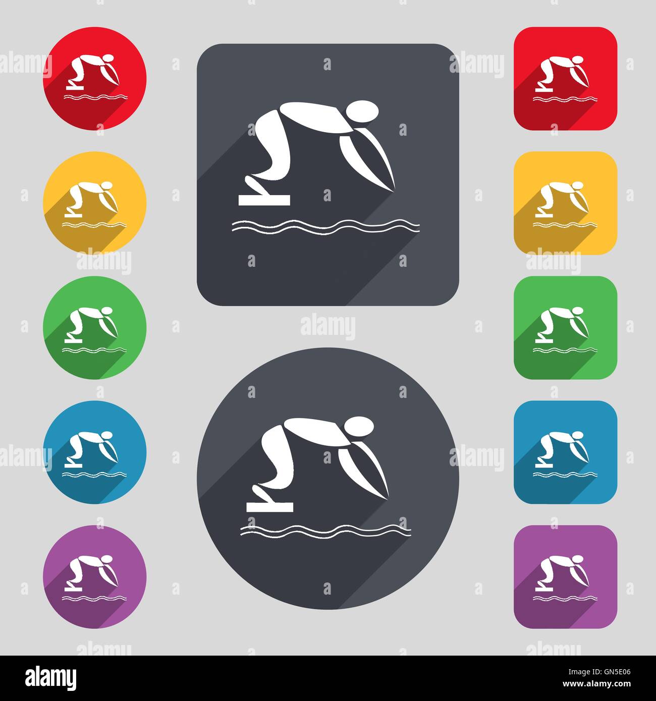 Sports d'été, plongée icon signe. Un ensemble de 12 boutons de couleur et d'ombre. Modèle plat. Vector Illustration de Vecteur