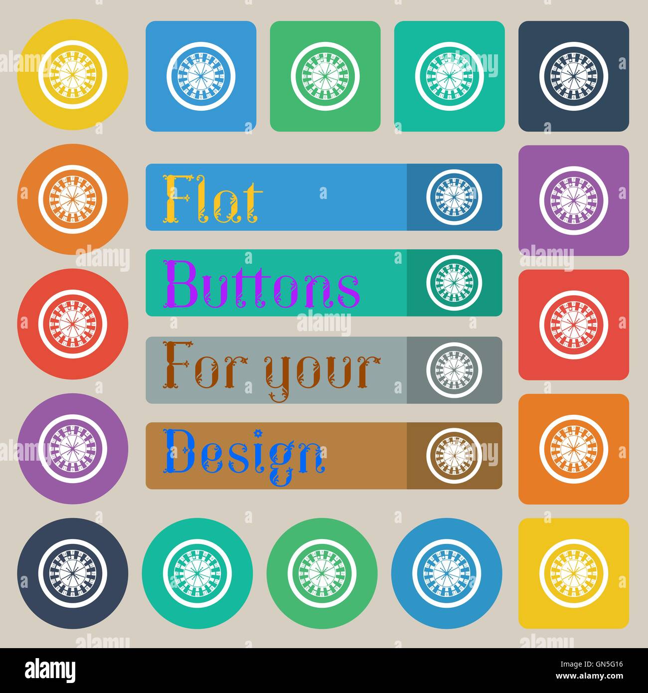 L'icône de roue de roulette casino signe. Ensemble de vingt plats, ronds de couleur, boutons carrés et rectangulaires. Vector Illustration de Vecteur