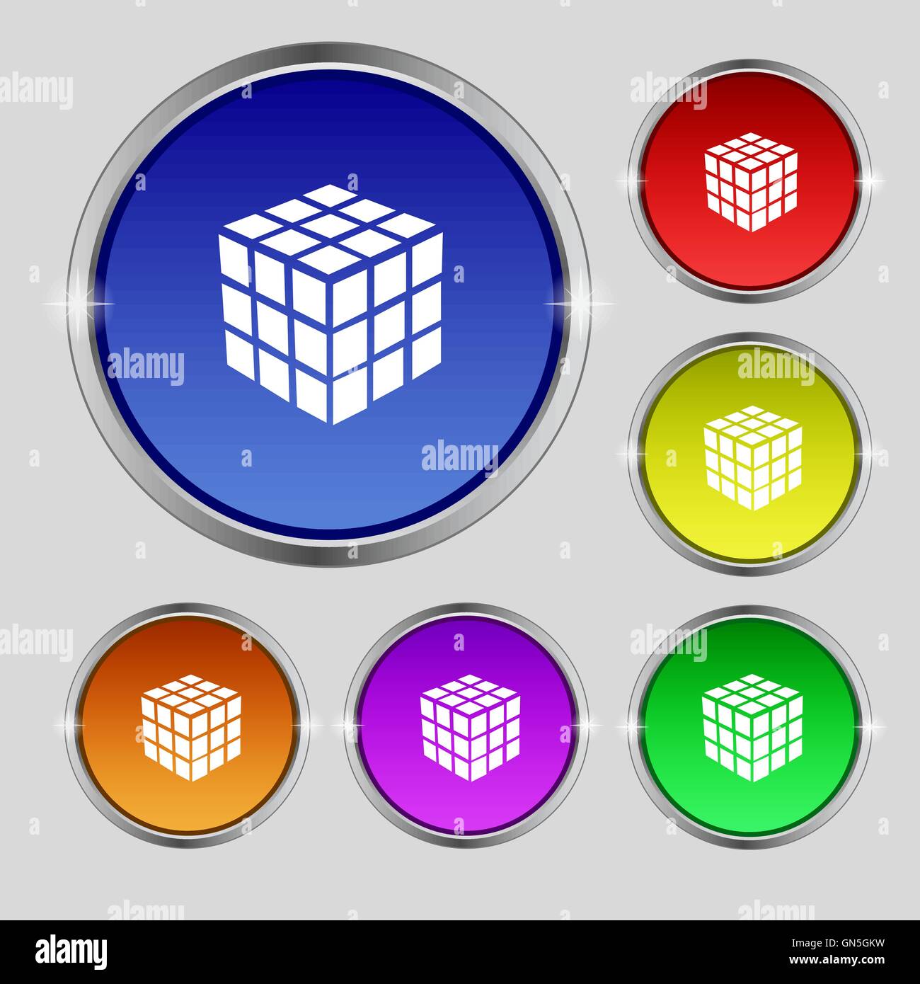 Une boîte de puzzle cube à trois côtés dans l'icône 3D signe. Le symbole rond sur les boutons de couleurs vives. Vector Illustration de Vecteur