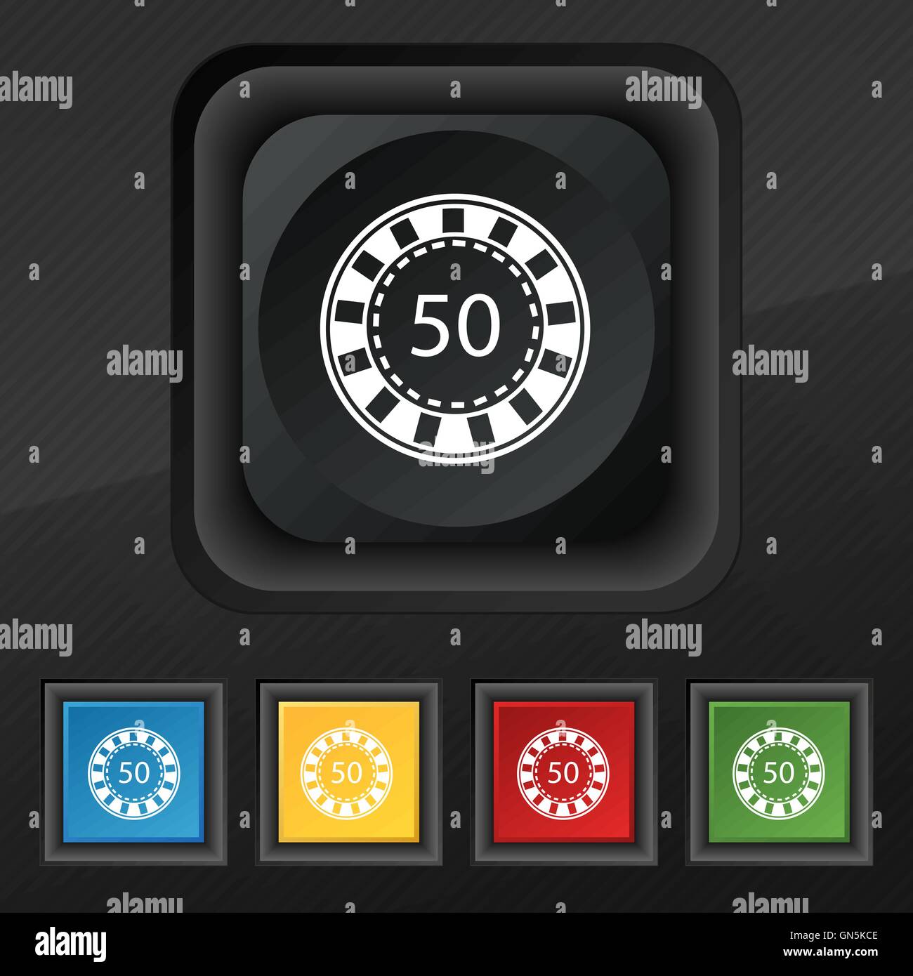 L'icône Casino symbole. Ensemble de cinq boutons coloré et élégant sur la texture noire pour votre conception. Vector Illustration de Vecteur