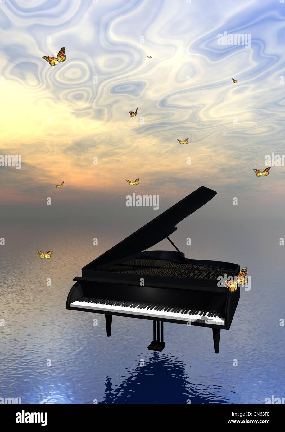 Le piano et les papillons Banque D'Images