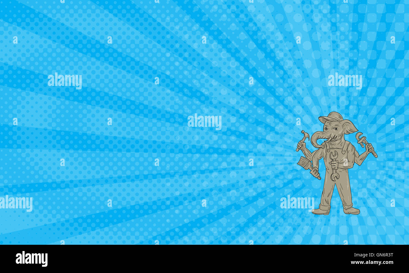 Carte montrant le croquis dessin illustration de style d'un homme à l'éléphant Ganesha holding tools vue de l'avant ensemble isolées sur fond blanc. Banque D'Images