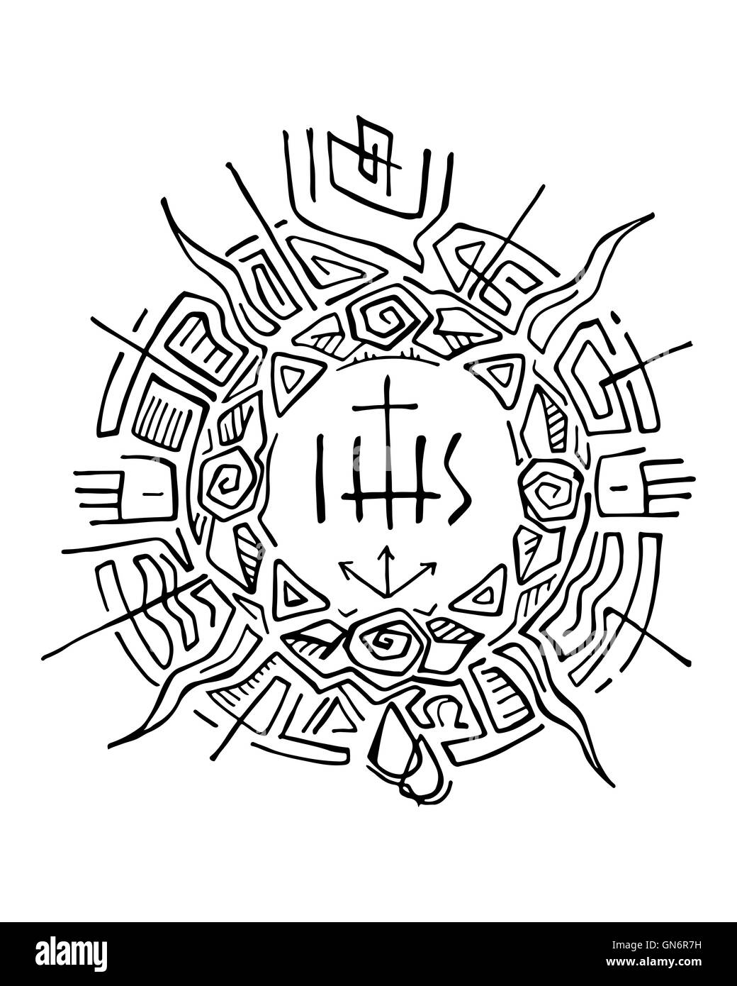 Illustration à la main ou d'un dessin d'un soleil abstrait avec des symboles chrétiens religieux Banque D'Images