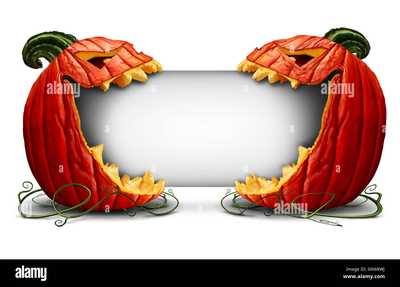 Halloween jack o lantern blank sign avec deux citrouilles personnages sur une vue de côté de mordre dans une carte blanche comme symbole pour l'automne et l'automne communication festive avec 3D illustration éléments. Banque D'Images