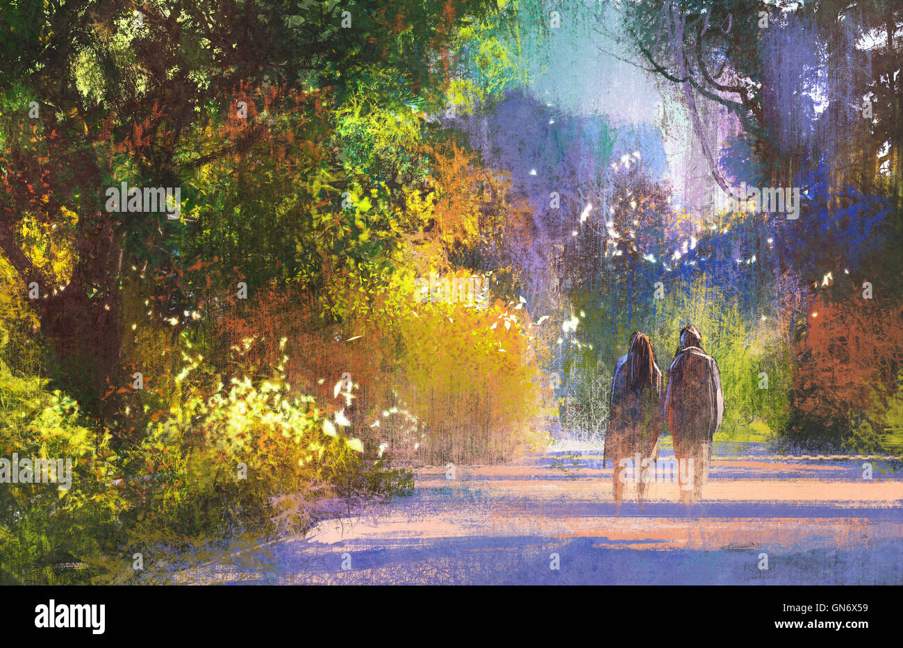 Couple marchant dans un bel endroit,Peinture,illustration en forêt Banque D'Images