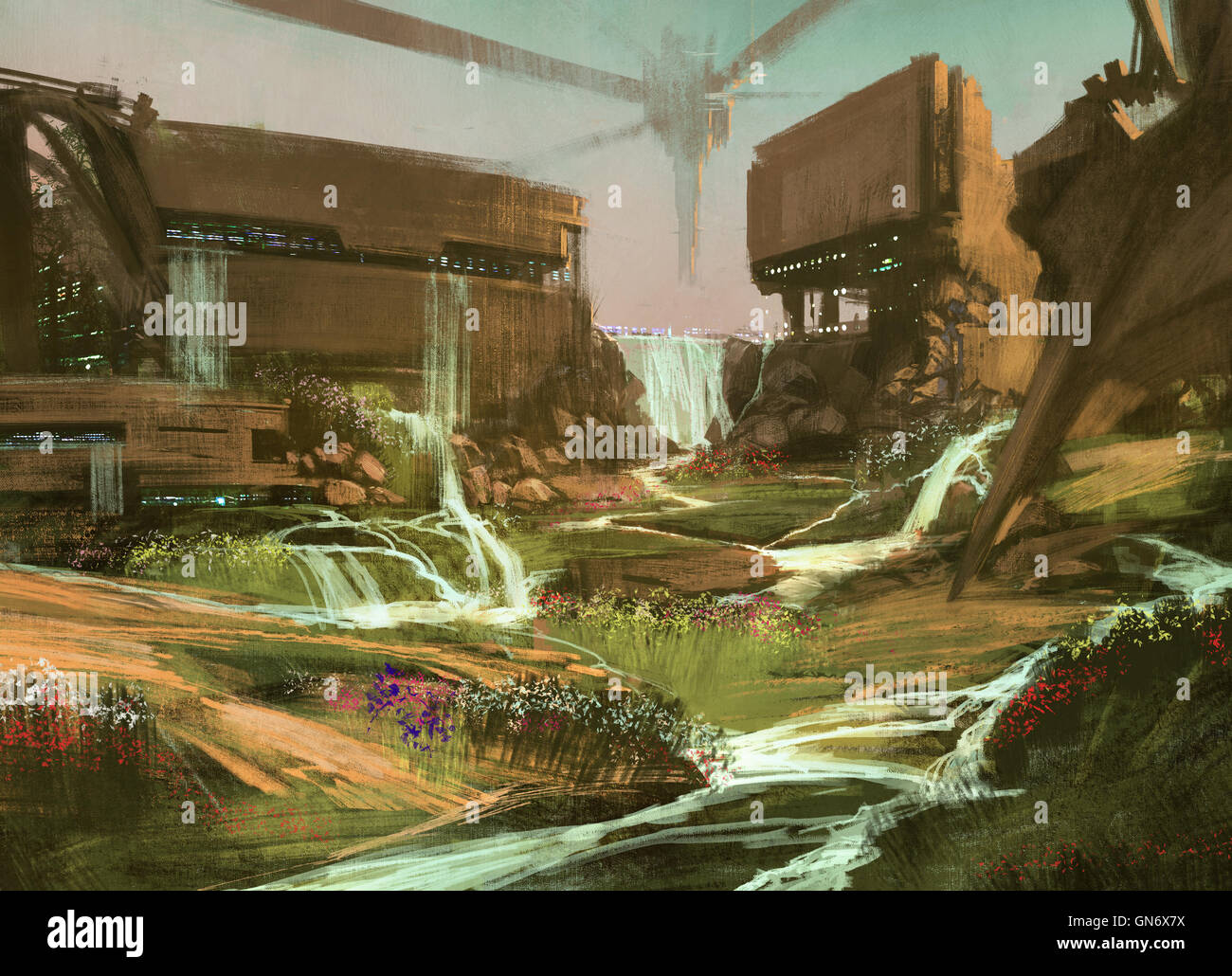 Paysage avec bâtiments sci-fi,illustration,peinture numérique Banque D'Images