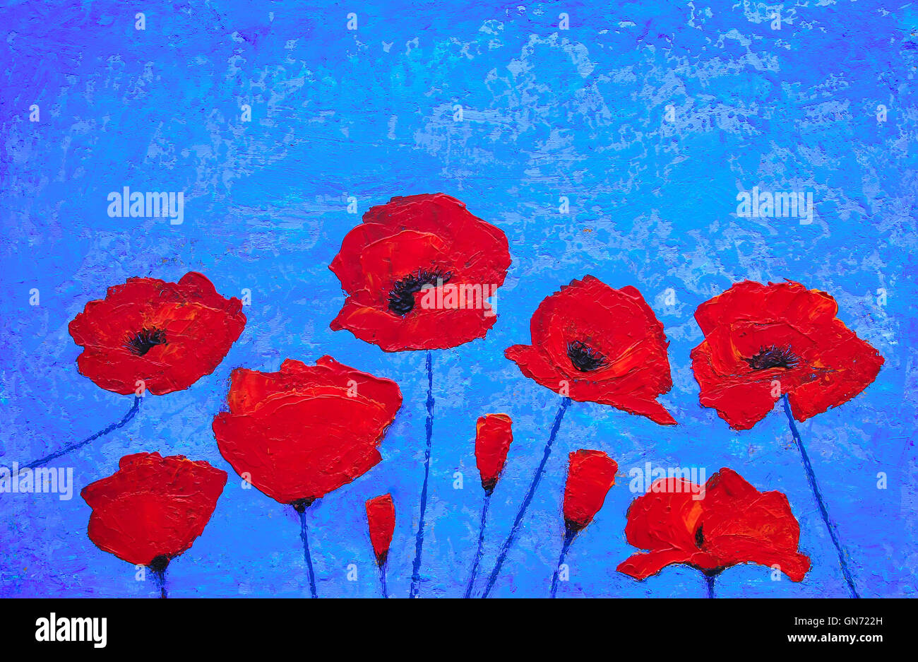 Peinture d'art avec des fleurs coquelicots champ de blé contre le ciel bleu. Peinture originale Banque D'Images