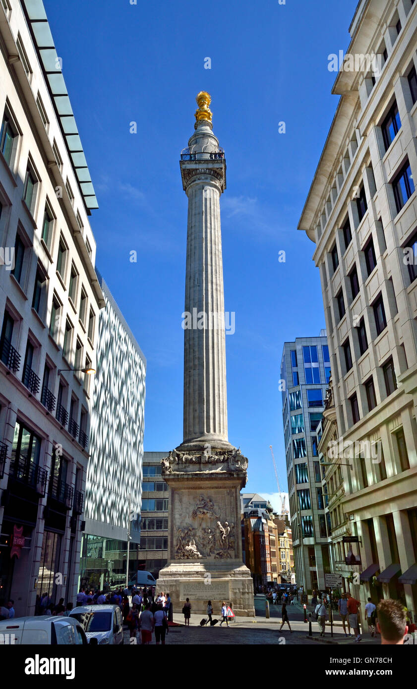 Londres, Angleterre, Royaume-Uni. Monument au Grand Incendie de Londres (Sir Christopher Wren, 1677) à la jonction de Monument Street et de... Banque D'Images