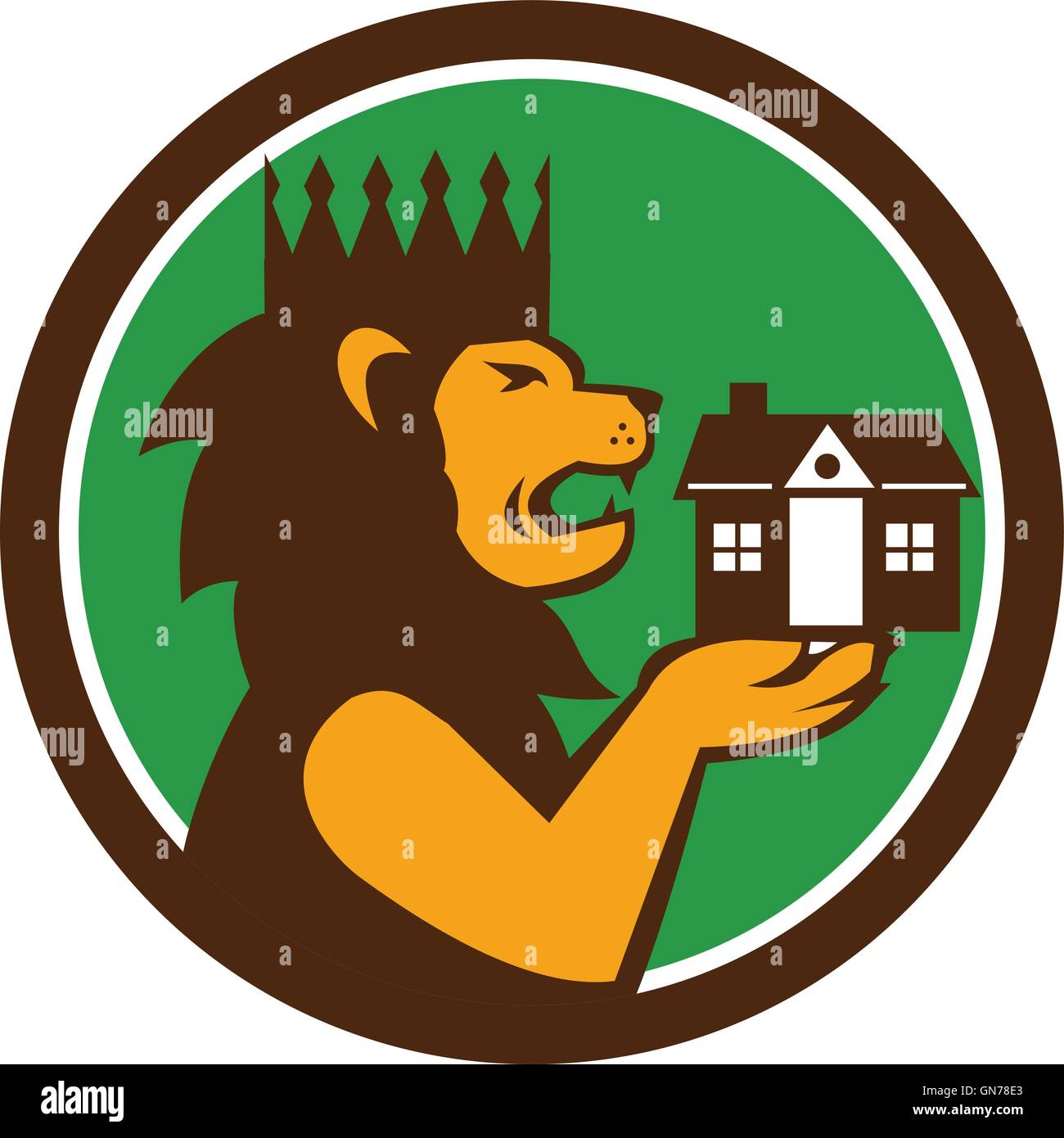 Illustration d'un roi lion avec couronne holding house avec sa patte vu de côté, de définir à l'intérieur du cercle fait en style rétro. Illustration de Vecteur