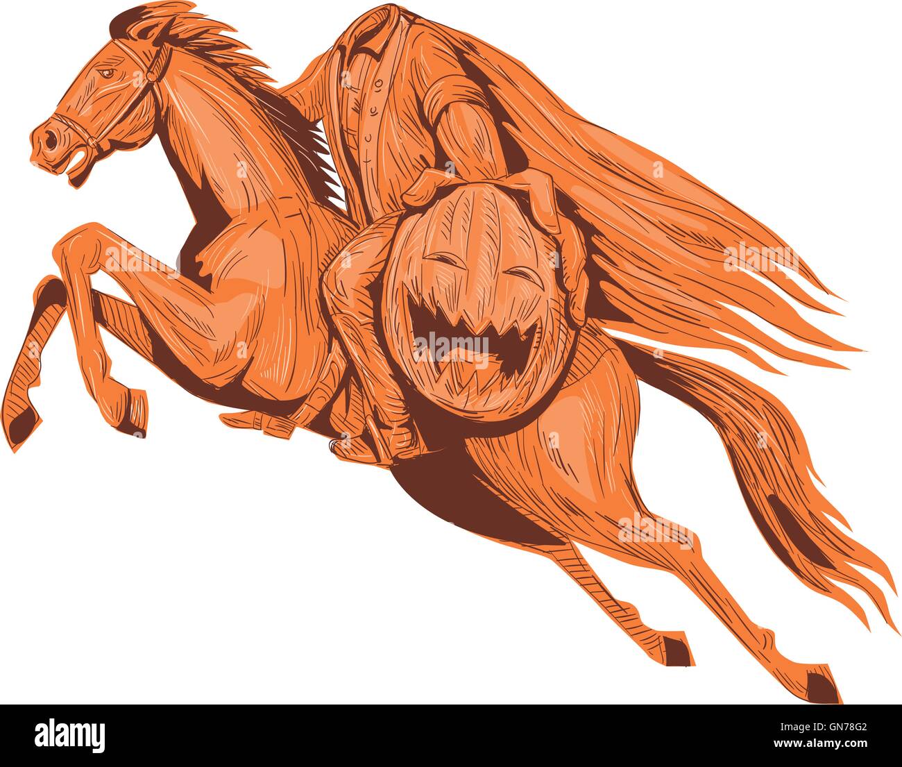 Croquis dessin illustration style de le cavalier sans tête ou galoper hessien de Sleepy Hollow à cheval et holding out Illustration de Vecteur